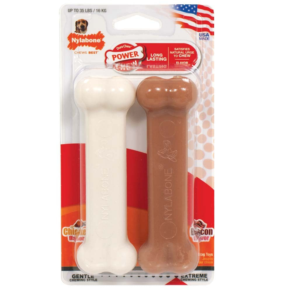 Nylabone Classic Twin Pack Power Chew Flavored Durable Dog Chew Toy Bacon & Chicken 1ea/Medium - Up To 35 lb