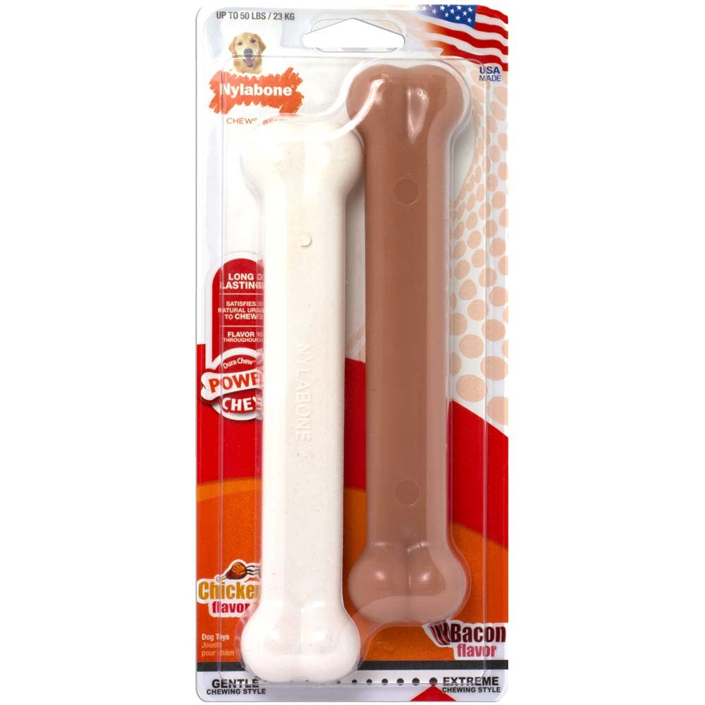 Nylabone Classic Twin Pack Power Chew Flavored Durable Dog Chew Toy Bacon & Chicken 1ea/Large - Up To 50 lb