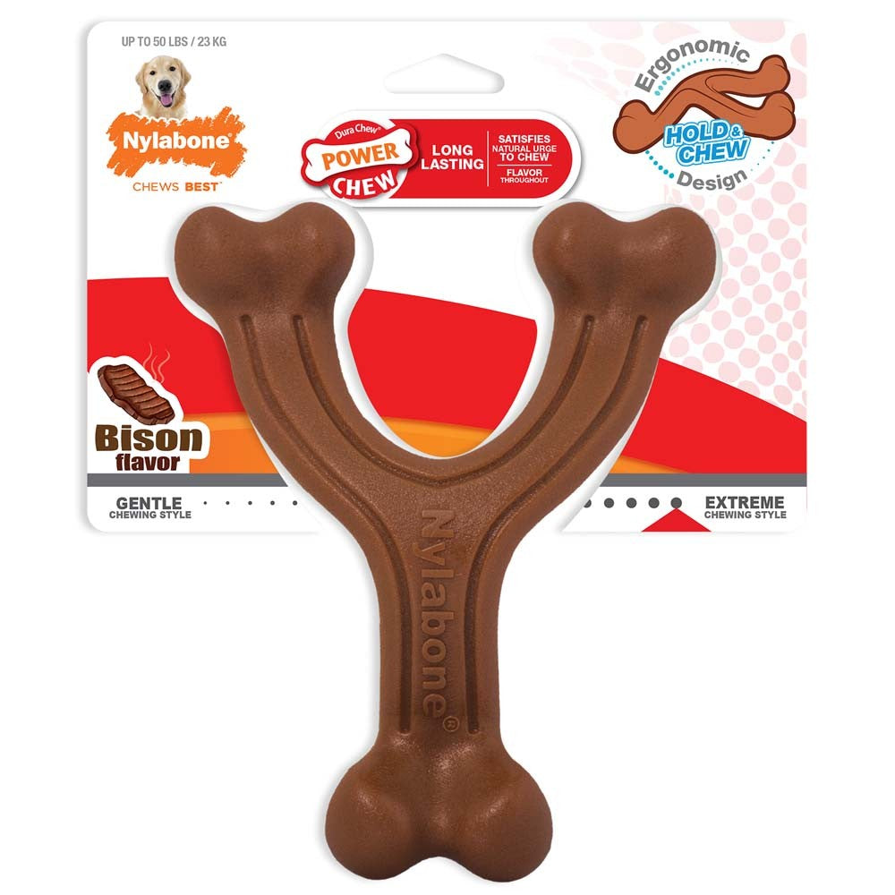 Nylabone Ergonomic Hold & Chew Wishbone Power Chew Durable Dog Toy Bison 1ea/Large - Up To 50 lb