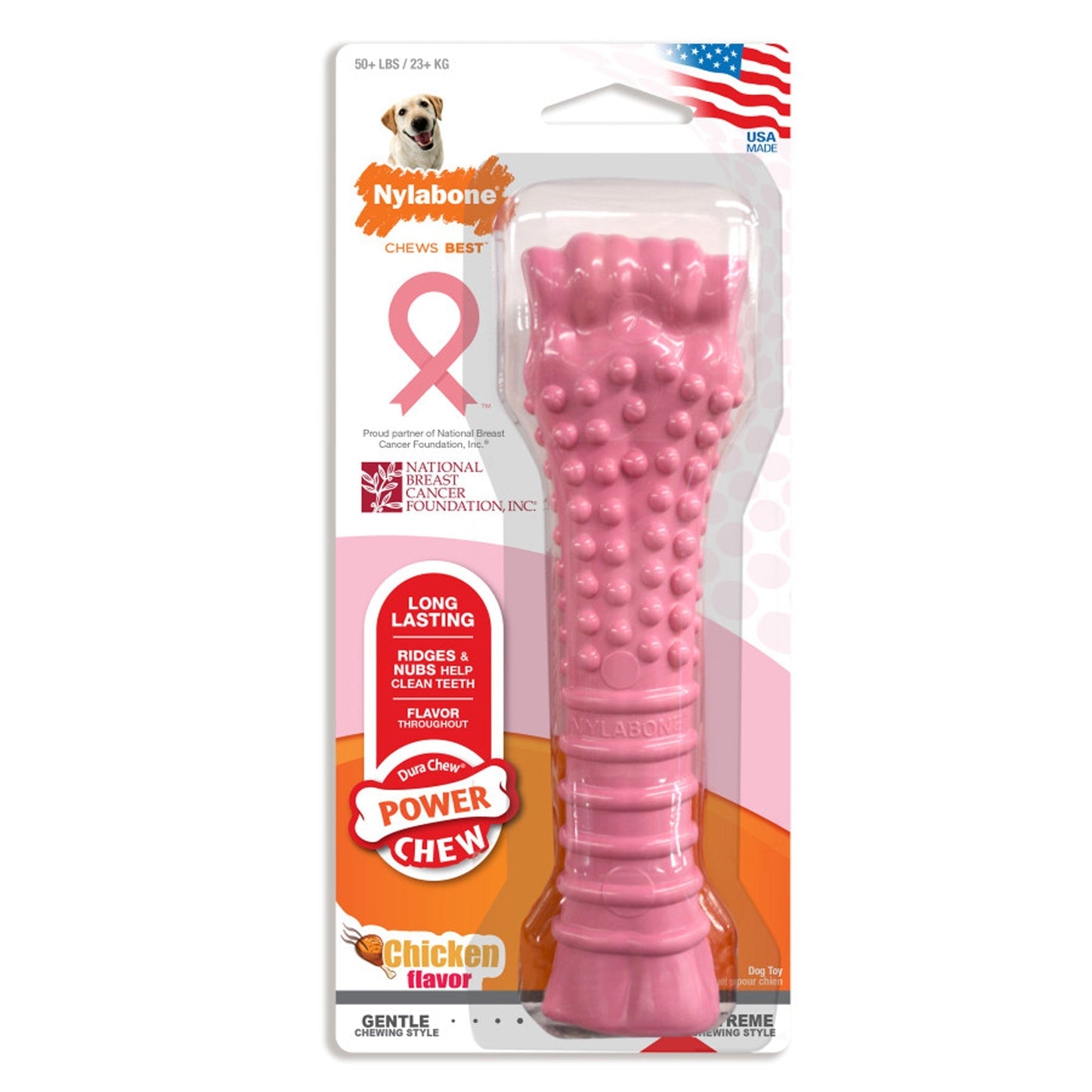 Nylabone Breast Cancer Awareness Pink Power Chew Textured Dog Toy Chicken 1ea/XL - 50+ lb