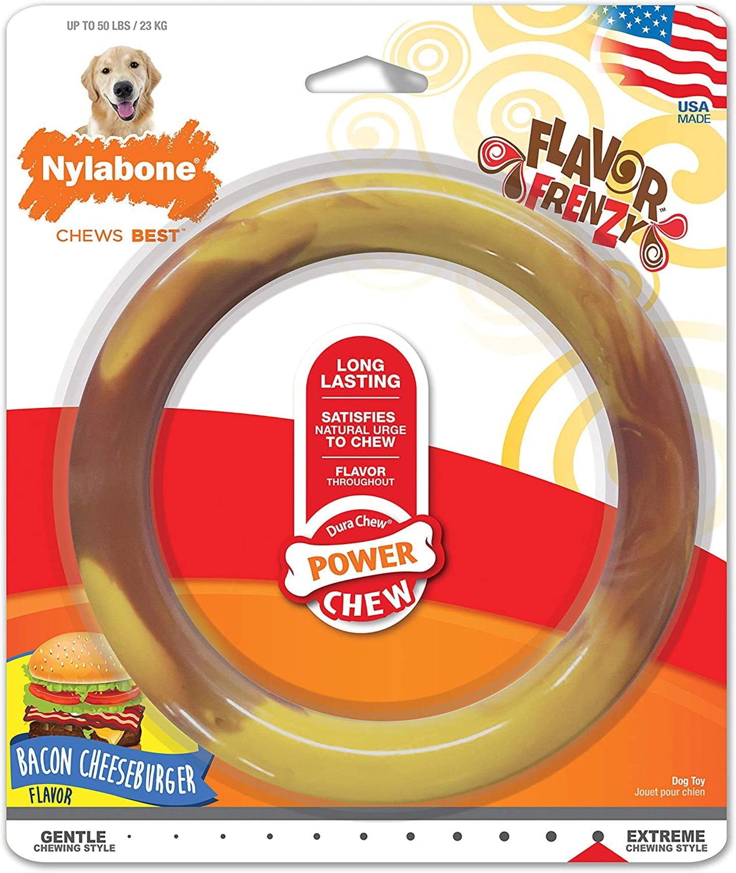 Nylabone Power Chew Smooth Ring Dog Chew Toy Bacon Cheeseburger 1ea/Large - Up To 50 lb