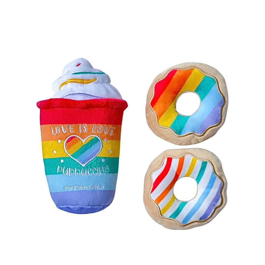 FuzzYard Love Is Love Rainbow Pride Puppucino & Donuts Squeaky Plush Dog Toy Set