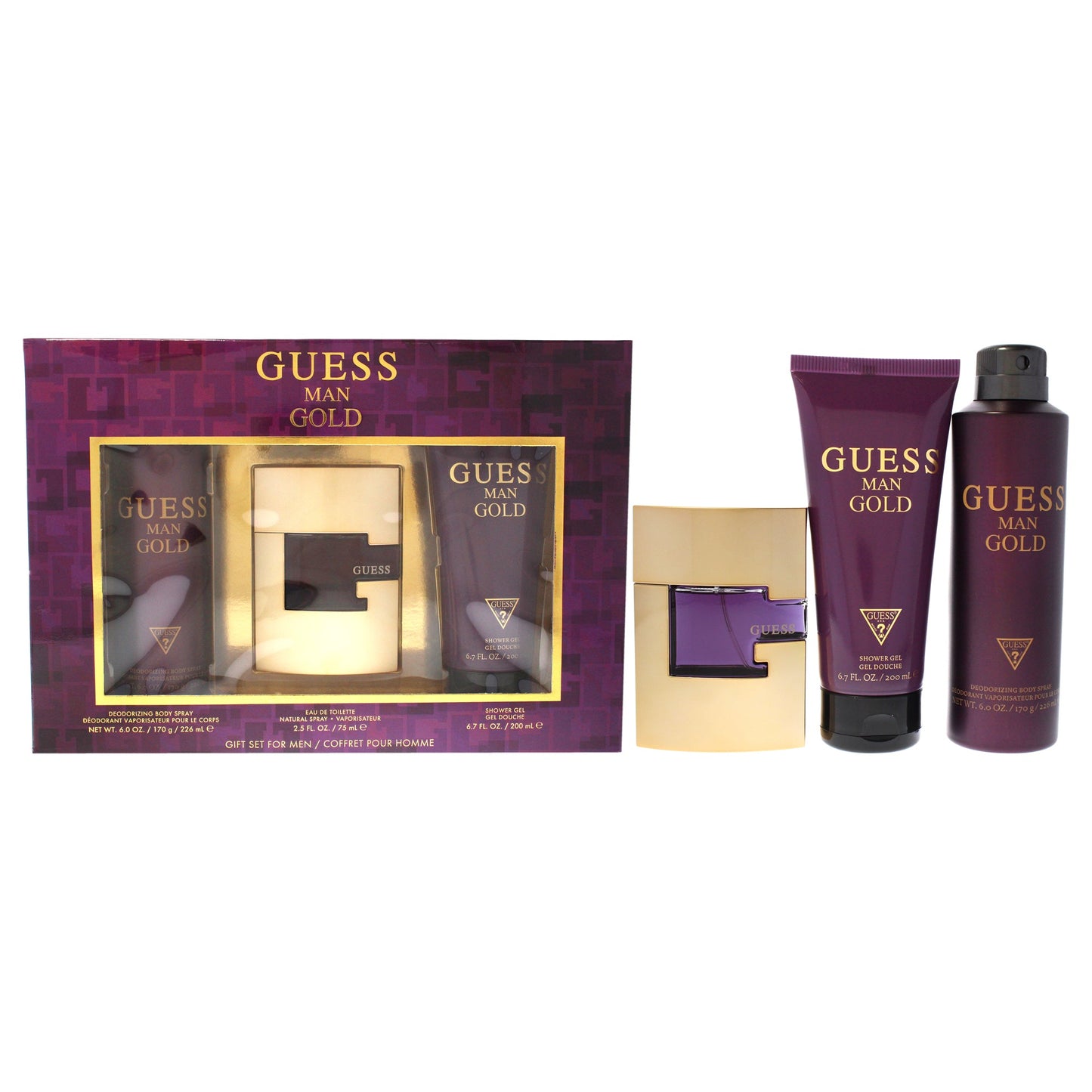 Guess Gold by Guess for Men 3 Pc Gift Set 2.5oz EDT Spray, 6.0oz Deodorizing Body Spray, 6.7oz Shower Gel