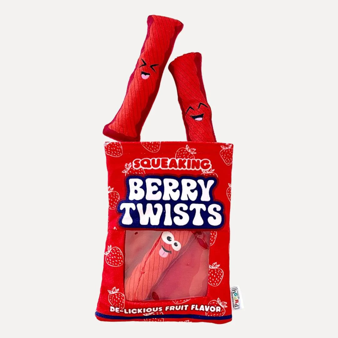 Outward Hound Berry Twists Red Licorice Crinkly Puzzle Snack Bag Squeaky Plush Hide & Seek Dog Toy