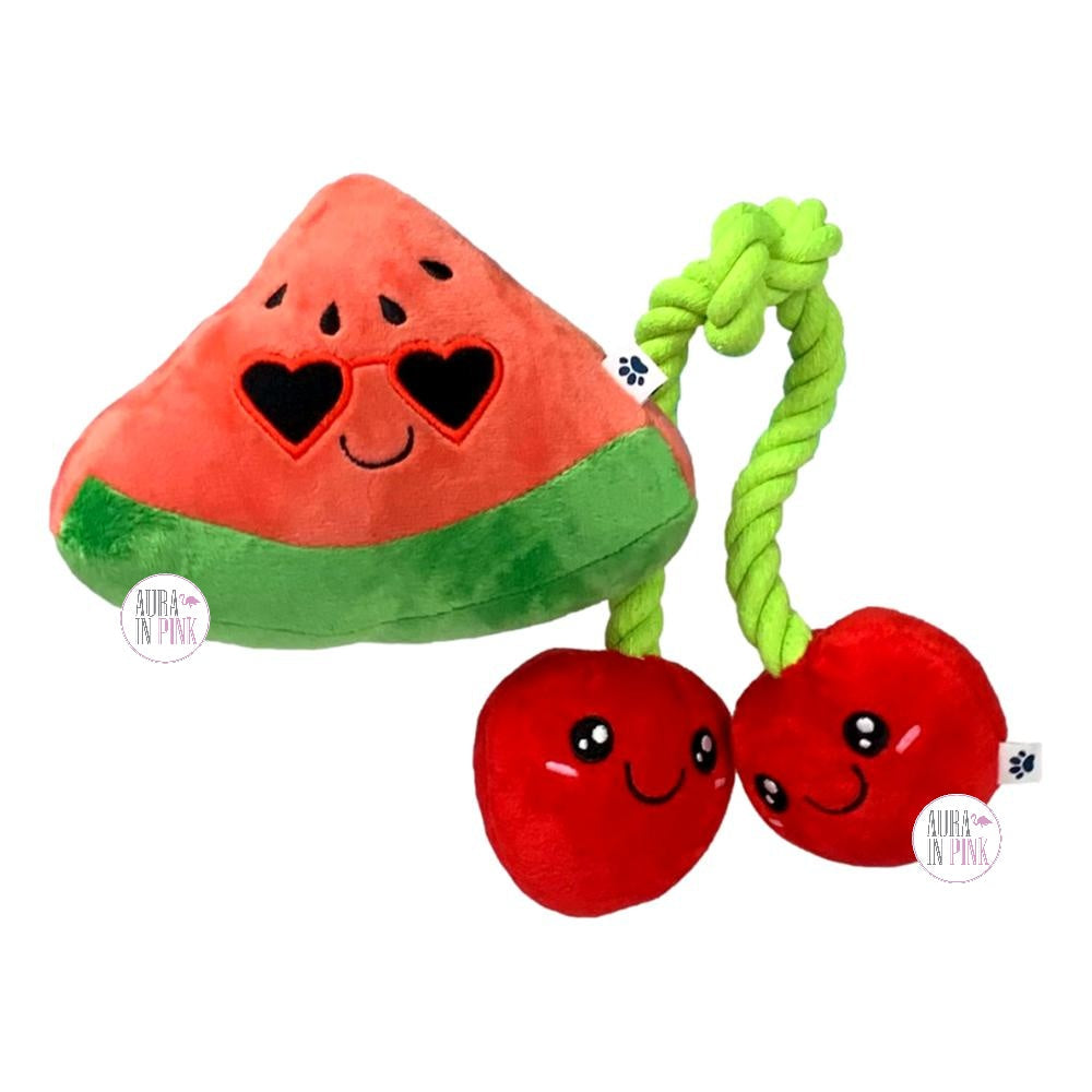 Posh Paws Watermelon Slice & Cherries On A Rope Squeaky Plush Dog Toy Set of 2