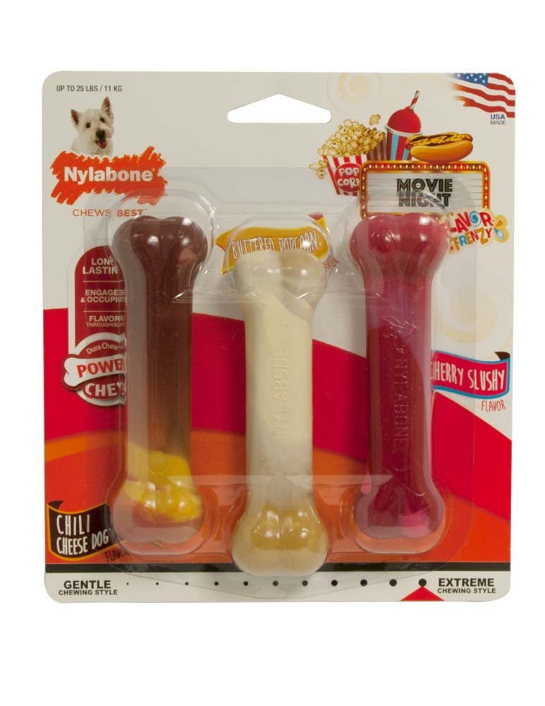 Nylabone Flavor Frenzy Power Chew Triple Pack Chili Cheese Dog, Popcorn & Cherry 1ea/SMall - Up To 25 lb