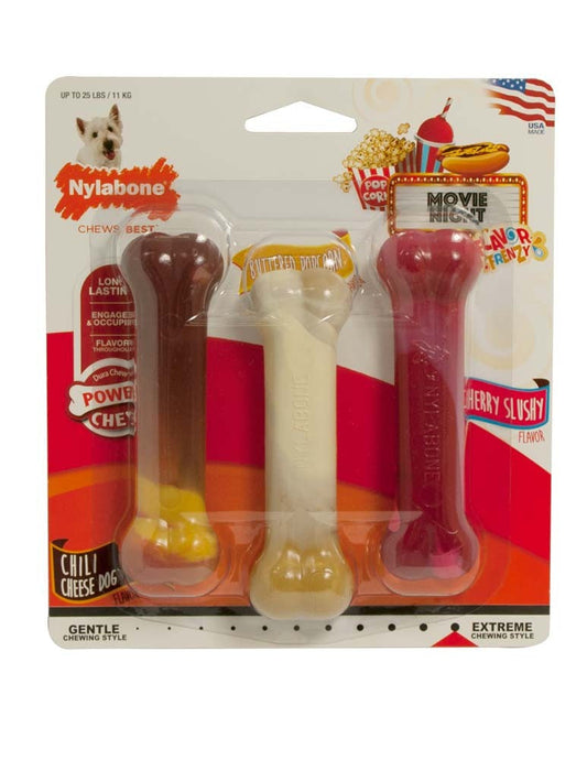 Nylabone Flavor Frenzy Power Chew Triple Pack Chili Cheese Dog, Popcorn & Cherry 1ea/SMall - Up To 25 lb