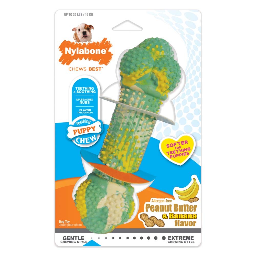 Nylabone Just for Puppies Double Action Bone Puppy Dog Teething Chew Toy Double Action Bone Banana & Peanut Butter 1ea/Medium - Up To 35 lb