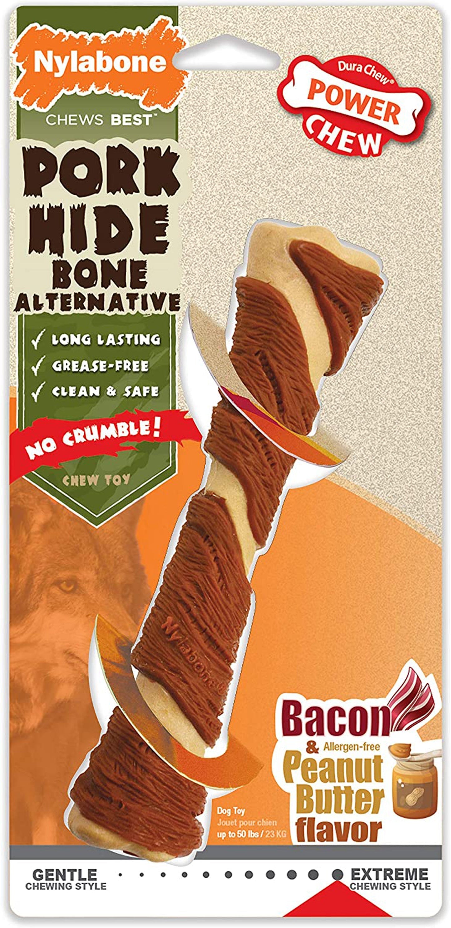 Nylabone Power Chew Alternative Pork Hide Bone Bacon & Peanut Butter 1ea/Large - Up To 50 lb