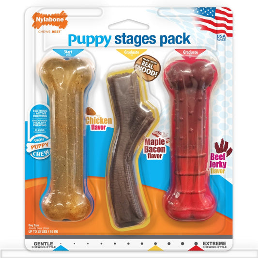 Nylabone Puppy Chew Stages Triple Pack Chewy Toys Puppy Stages Triple Pack Chicken, Bacon, & Beef Jerky 1ea/Medium - Up To 35 lb