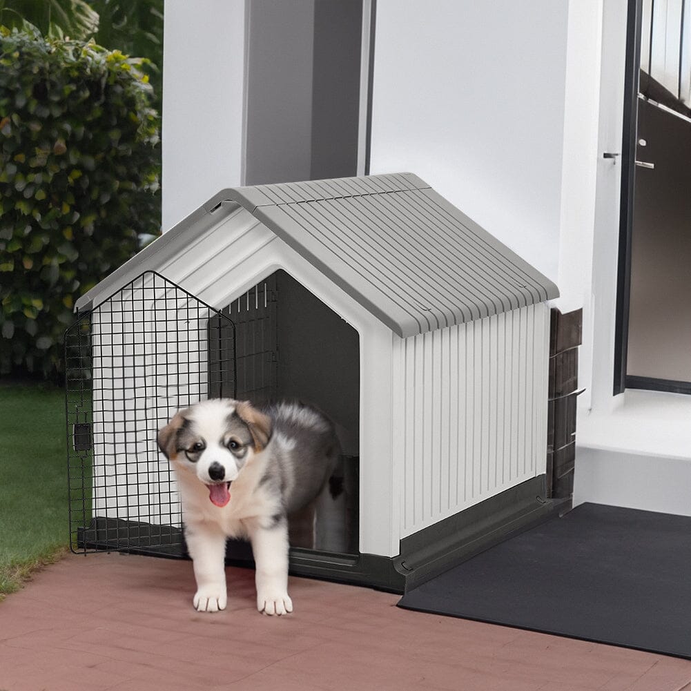 Waterproof Plastic Dog House Pet Kennel with Door Dog Houses Living and Home Small Grey+White