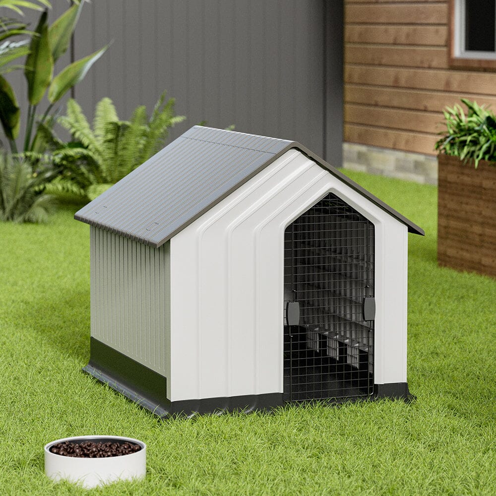 Waterproof Plastic Dog House Pet Kennel with Door Dog Houses Living and Home Large Grey+White