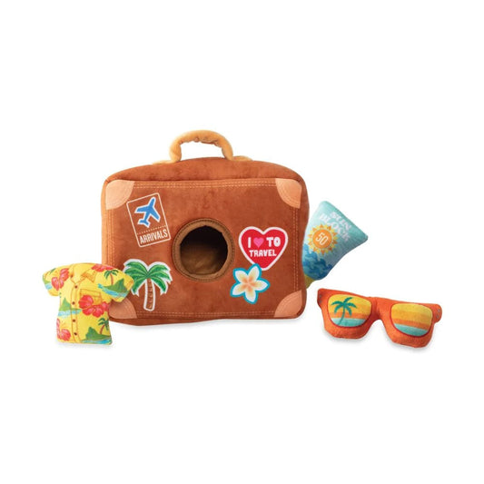 Fringe Studio Toybox Pack Your Bags Hide & Seek Squeaky Plush 4-Pc Interactive Puzzle Dog Toy