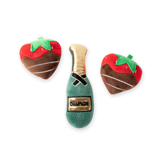 Fringe Toybox Love Drools Champagne & Chocolate Covered Strawberries Squeaky Plush 3-Pc Mini Dog Toy Set