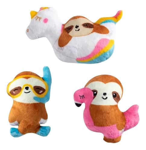 Fringe Toybox Summer Sloths Chillin' By The Pool Pink Flamingo Unicorn Pool Floaty Squeaky Plush 3-Pc Mini Dog Toy Set