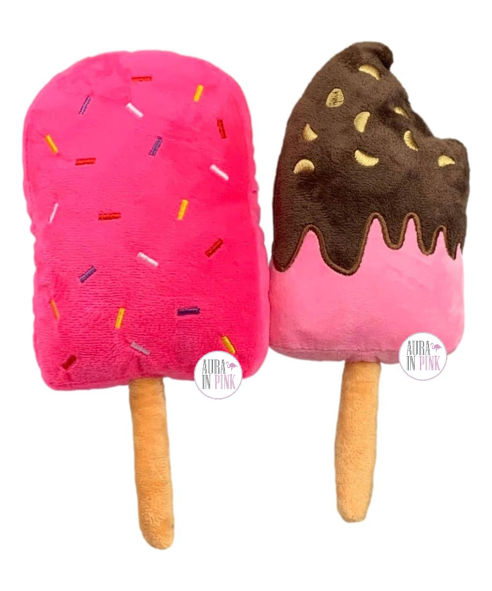 Giftable World Sprinkled Pink Chocolate Strawberry Ice Cream Popsicle Squeaky Plush Dog Toys 2-Pc Set