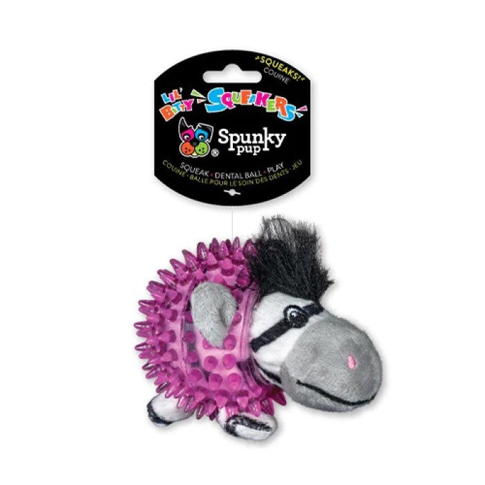 Lil' Bitty Squeakers Spunky Pup Zebra Squeaky Plush Pink Spiker Ball Dog Toy