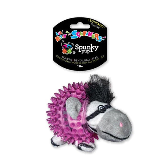 Lil' Bitty Squeakers Spunky Pup Zebra Squeaky Plush Pink Spiker Ball Dog Toy