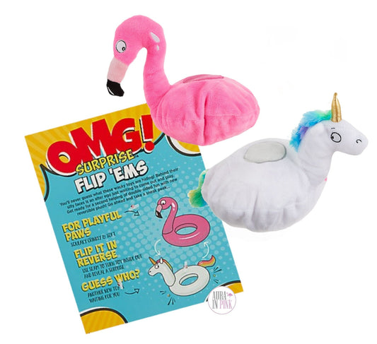 OMG! Surprise Flip 'Ems Don't Give a Flock Pink Flamingo Unicorn Pool Floaties Reversible Squeaky Plush Dog Toy