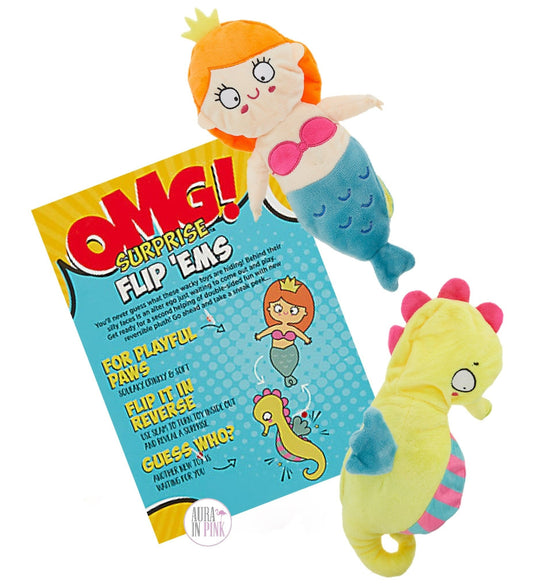 OMG! Surprise Flip 'Ems Seas The Day Mermaid Seahorse Reversible Squeaky Plush Dog Toy