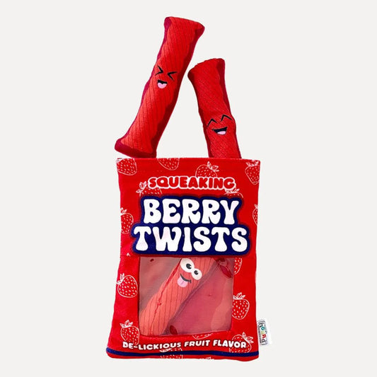 Outward Hound Berry Twists Red Licorice Crinkly Puzzle Snack Bag Squeaky Plush Hide & Seek Dog Toy