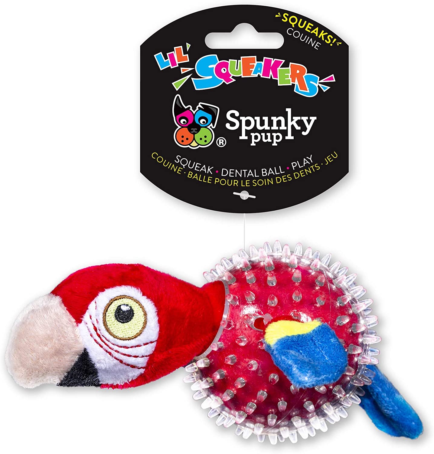 Spunky Pup Lil' Squeakers Scarlet Macaw Parrot Squeaky Plush Spiker Ball Dog Toy