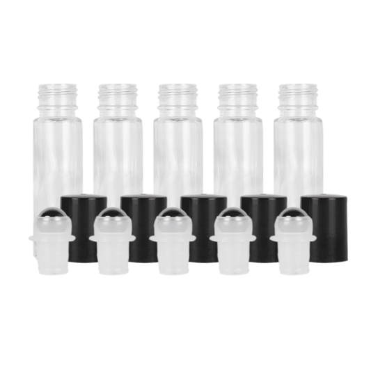 10 ml Clear Glass Roller Bottles (Pack of 5) Glass Roller Bottles Your Oil Tools Black Stainless